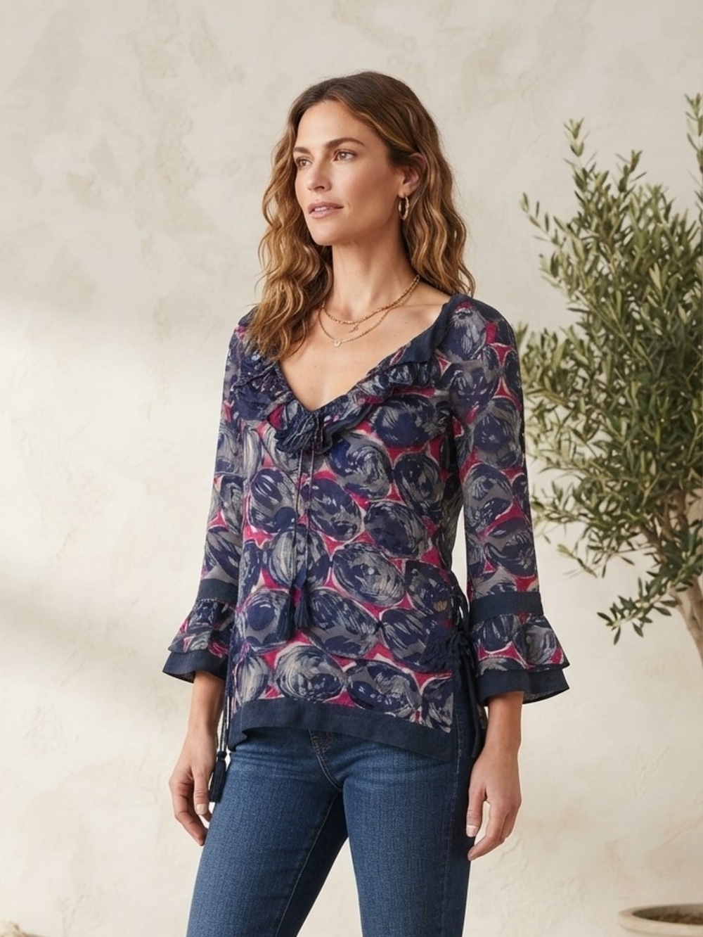 Tory Burch Navy and Pink Floral Ruffle V-Neck Blouse